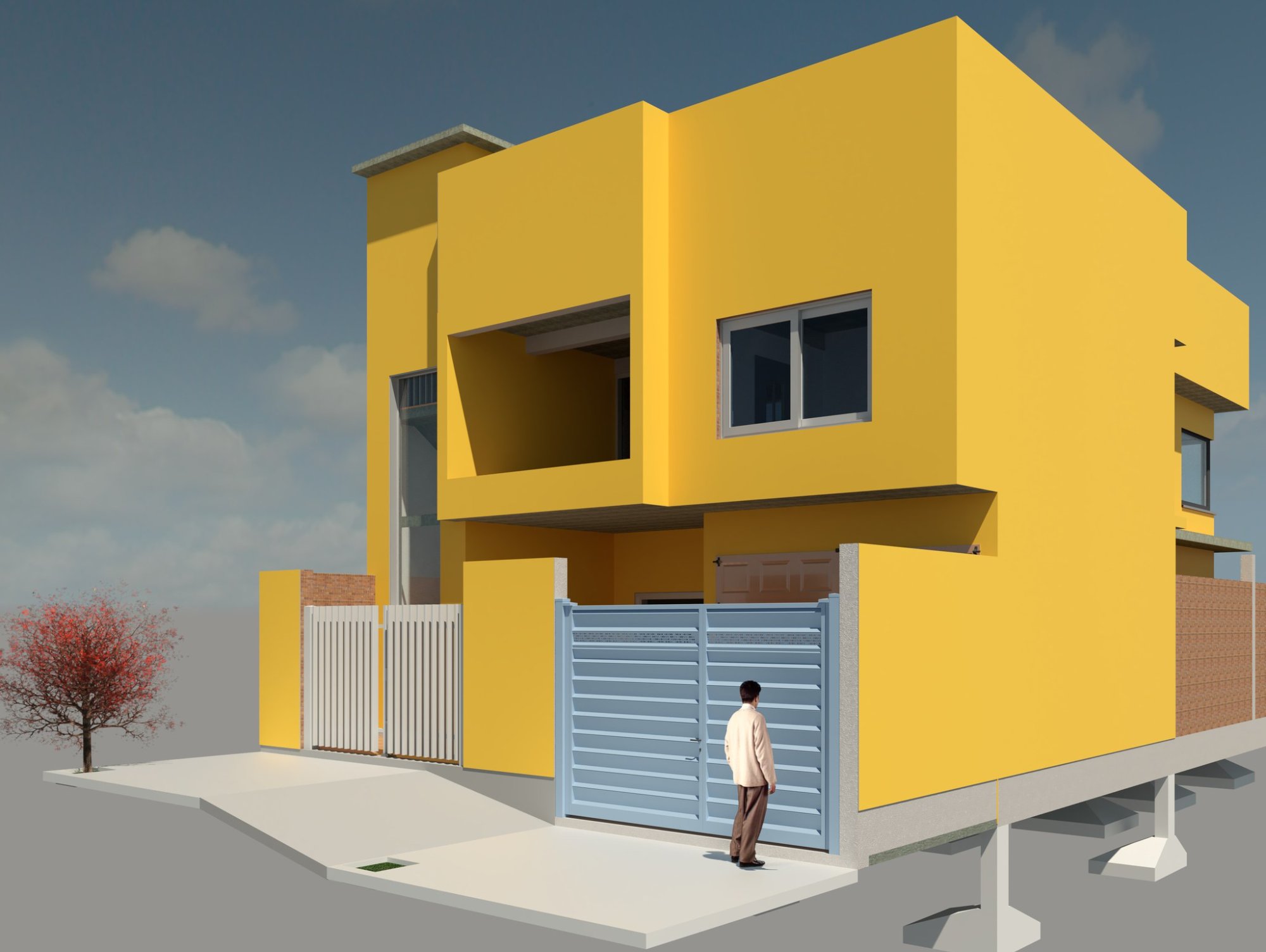 Render Exterior · Edificio Dos Plantas Revoque Blanco